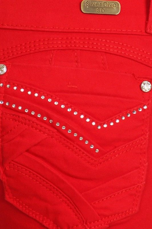 Close up of Valentina Distressed Jeans W/ Rhinestone Pockets in Red