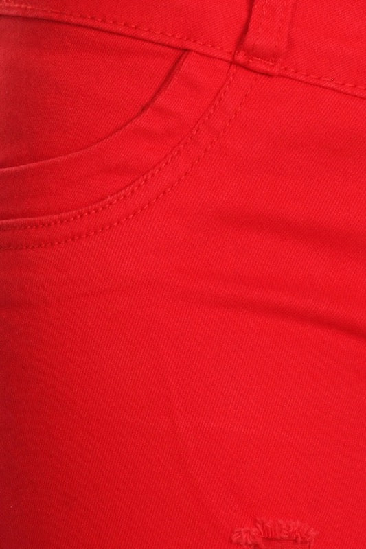 Close up of Valentina Distressed Jeans W/ Rhinestone Pockets in Red