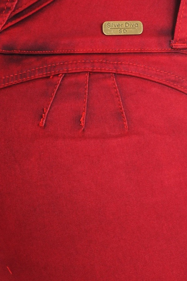Close up of High Rise, No Pocket Jeans in Red