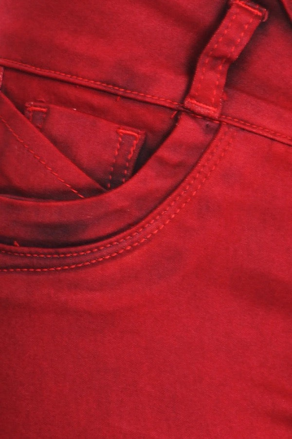 Close up of High Rise, No Pocket Jeans in Red