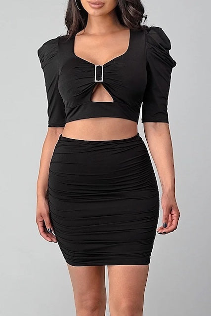 Puffy Sleeves, Diamond Buckle Crop Top W/ Matching Skirt in color black