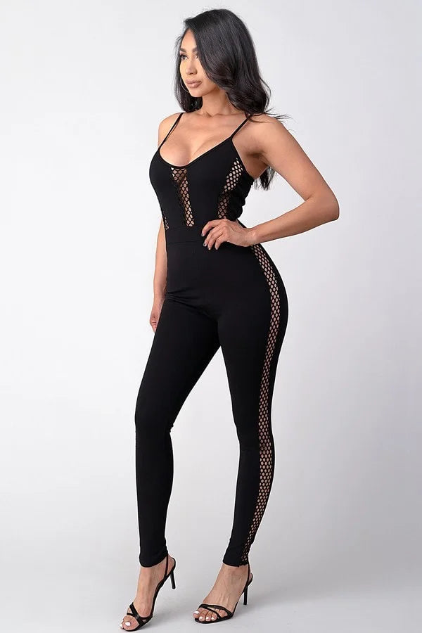 Bodycon Jumpsuit With Mesh Panels - Black