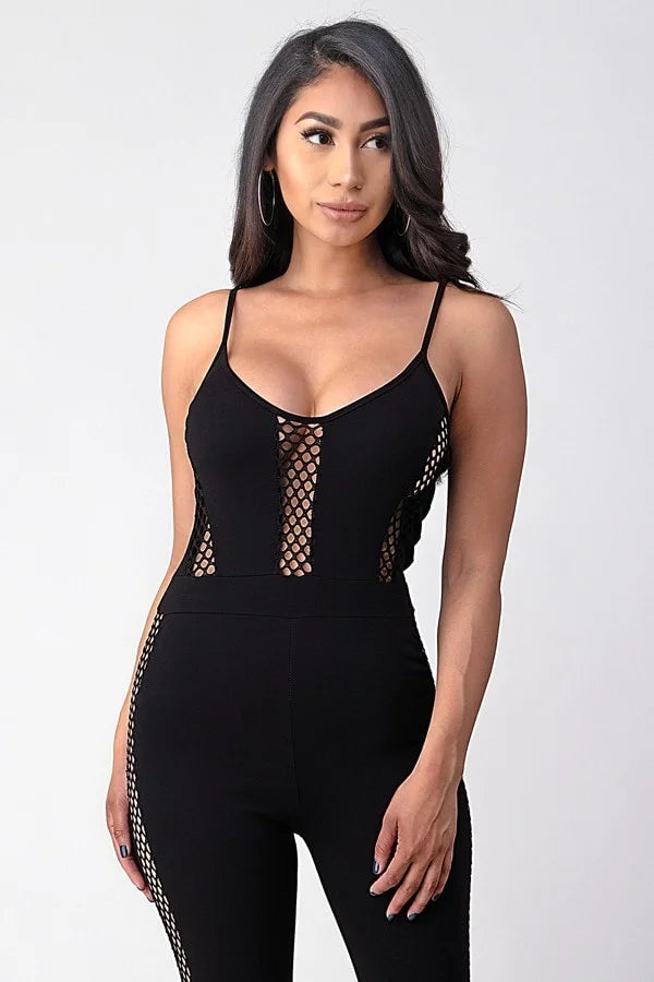 Bodycon Jumpsuit With Mesh Panels - Black