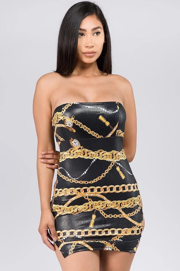 Chain Print Strapless Dress With Side Rings