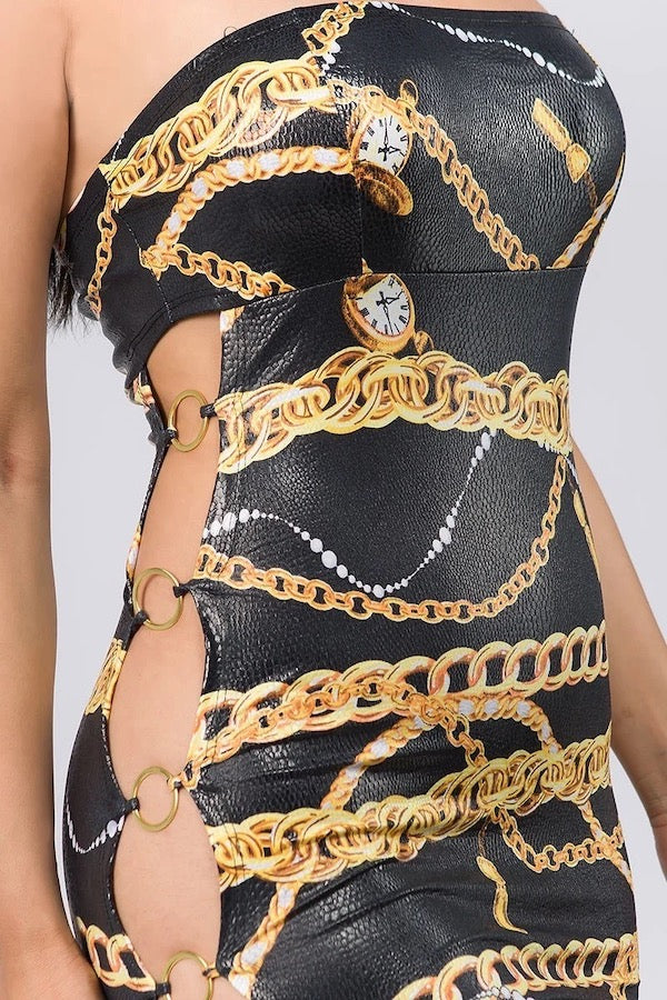 Close up of Chain Print Strapless Dress With Side Rings