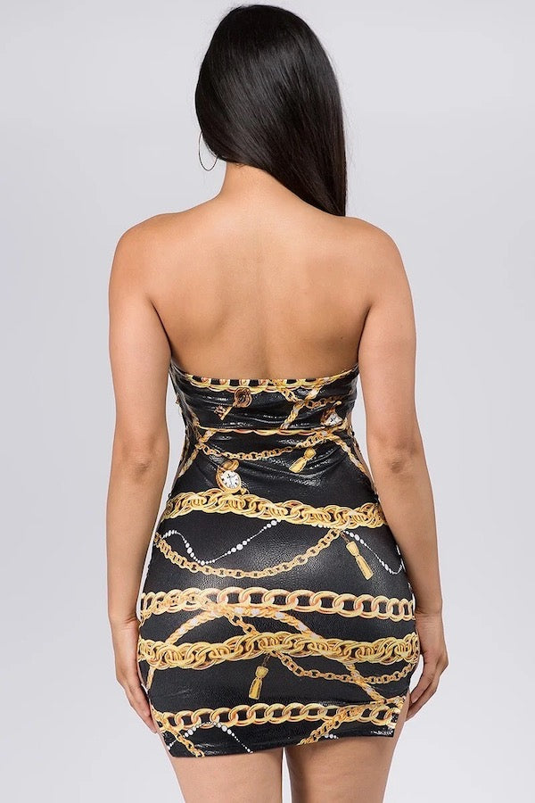 Back of Chain Print Strapless Dress With Side Rings