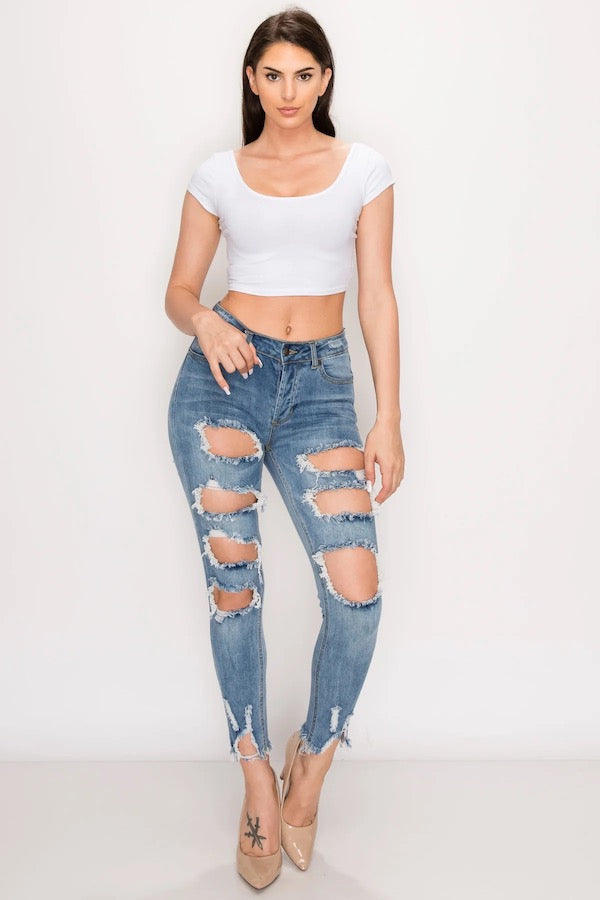 Big Hole Cut Out Relaxed Jeans in Blue 
