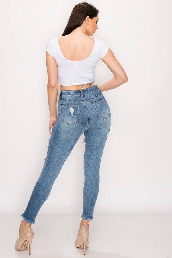Back of Big Hole Cut Out Relaxed Jeans in Blue 