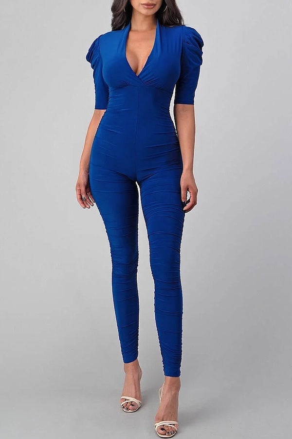 Puffy Shoulders Ruched Jumpsuit - Blue