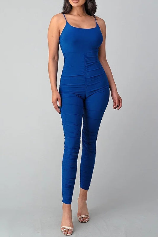 Spaghetti Strap ruched Jumpsuit - Blue