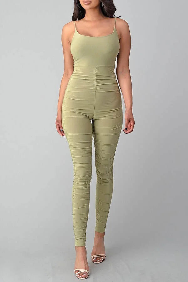 Spaghetti Strap ruched Jumpsuit - Green