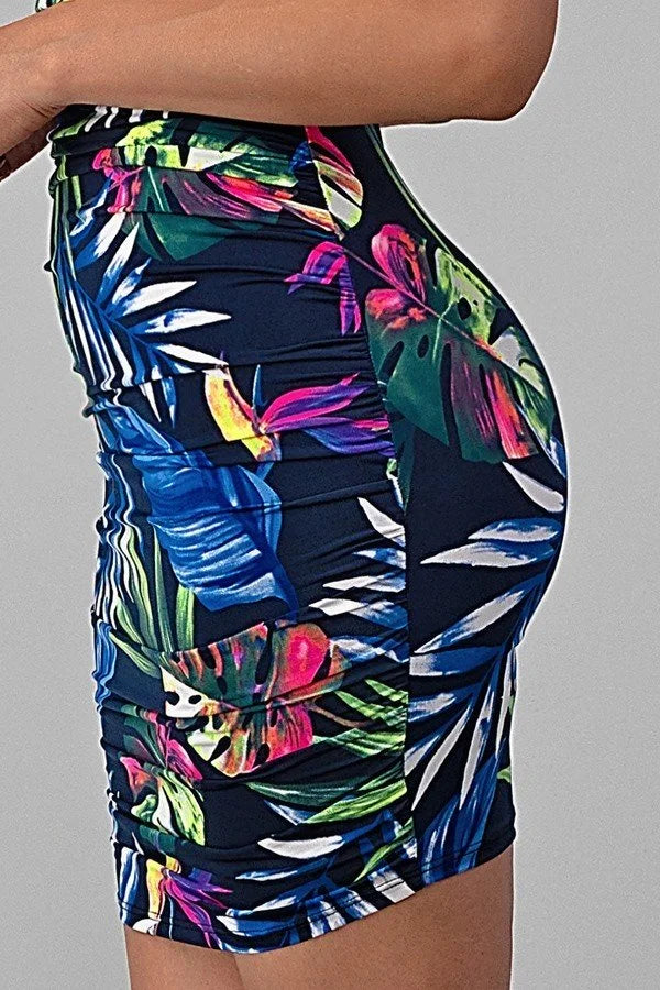 Tropical Print Double Lined Dress - Navy - Close Up