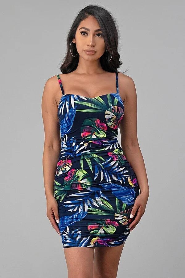 Tropical Print Double Lined Dress - Navy