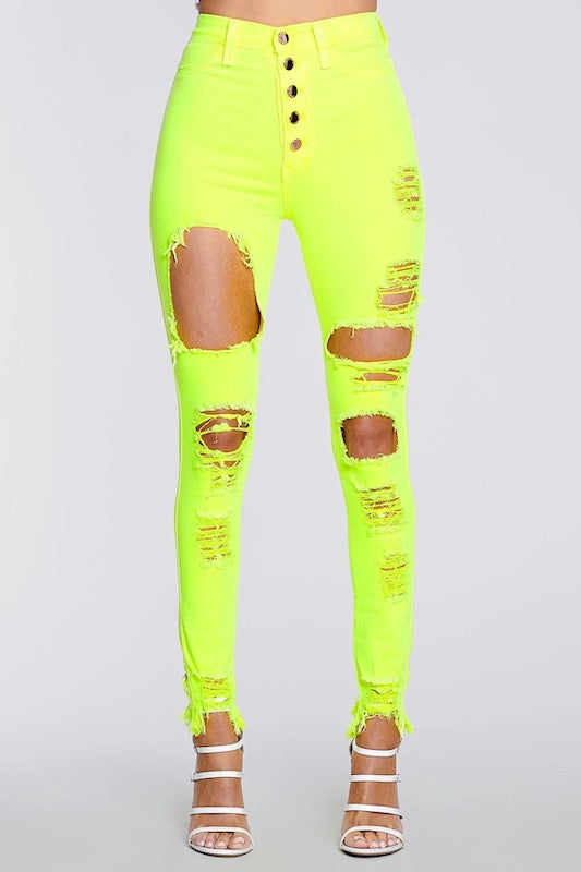 Classic 5 Button Distressed Skinny Jeans - Neon Yellow