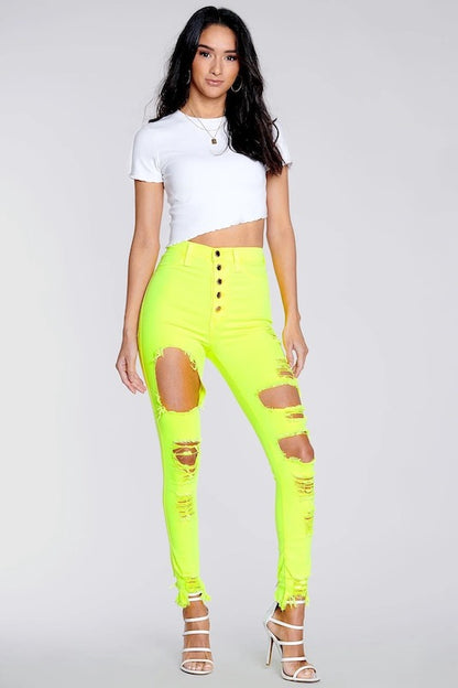 Classic 5 Button Distressed Skinny Jeans - Neon Yellow