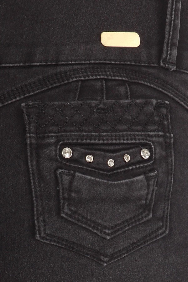 Distressed Shorts With Rhinestones - Black - Close Up