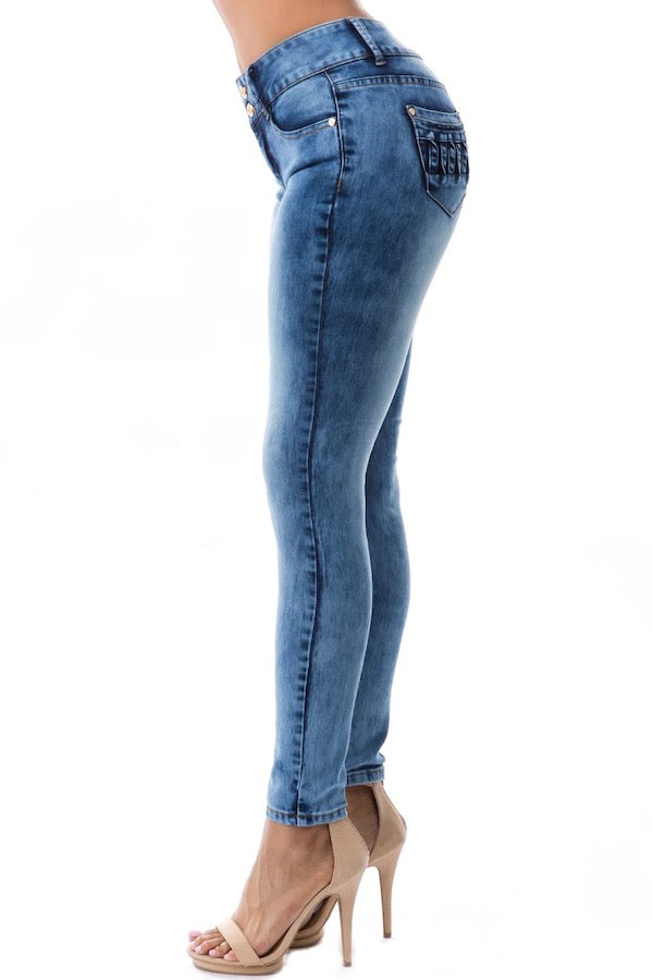 Side of Mid Rise with Caged Pockets in Blue