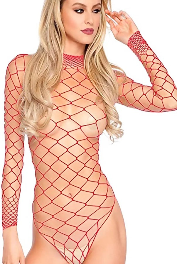 Ladies Mock Neck Fishnet Bodysuit on model