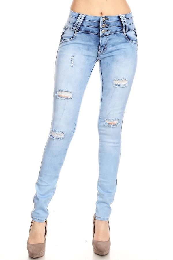 Ruched Pocket Design Jeans in Light Blue