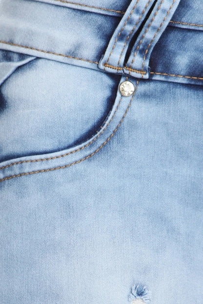 Close up of Ruched Pocket Design Jeans in Light Blue