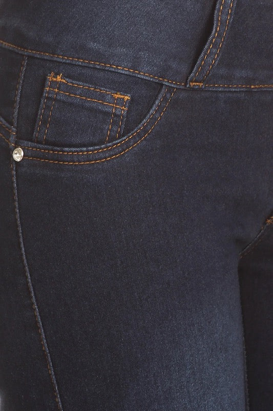 Close up of Margi Dark 2 Button Denim Jeans in Navy Color