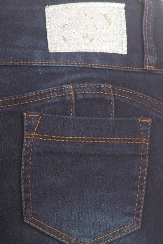 Close up of Margi Dark 2 Button Denim Jeans in Navy Color