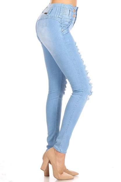 Side of Liana High Waist Distressed Cut Open Jeans W/ No Pockets in Light Blue Color