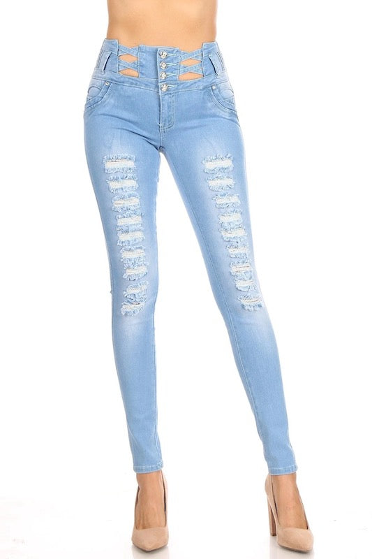 Liana High Waist Distressed Cut Open Jeans W/ No Pockets in Light Blue Color