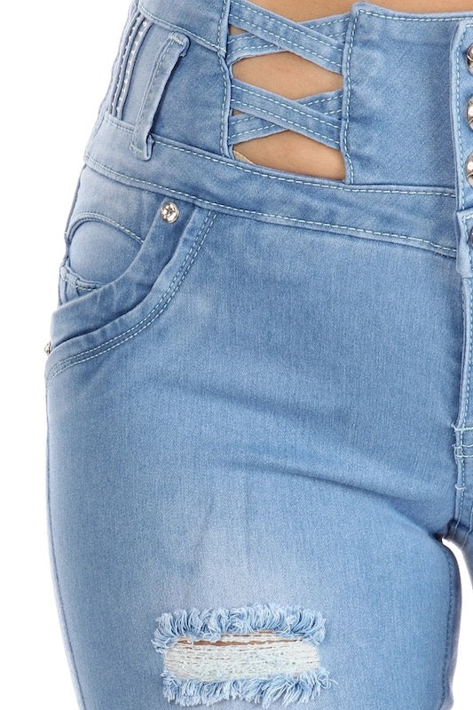 Close up of Liana High Waist Distressed Cut Open Jeans W/ No Pockets in Light Blue Color
