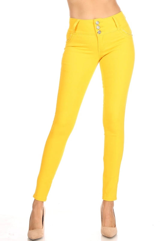Awestruck High Waist Jeans With Embellished Pockets in Yellow Color