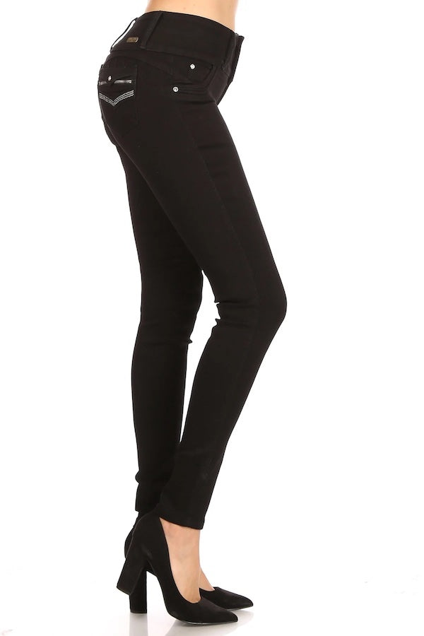 Side of High Rise Jeans W/ Rhinestone and Zipper Pockets in Black