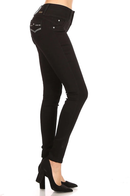 Side of High Rise Jeans W/ Rhinestone and Zipper Pockets in Black