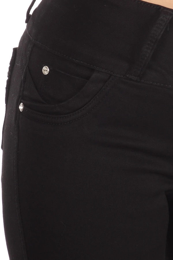 Close up of High Rise Jeans W/ Rhinestone and Zipper Pockets in Black