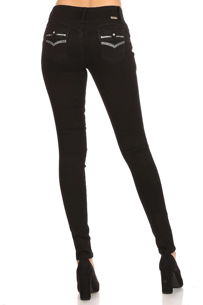 Back of High Rise Jeans W/ Rhinestone and Zipper Pockets in Black