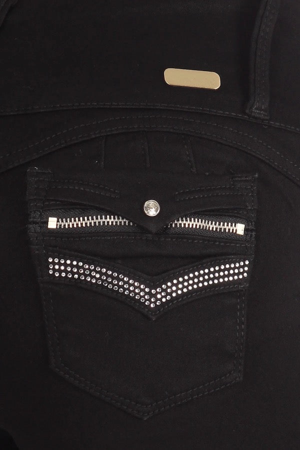 Close up of High Rise Jeans W/ Rhinestone and Zipper Pockets in Black
