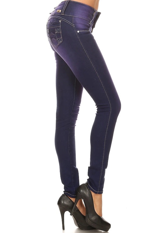 Side of Iris Mid Rise Jeans With Rhinestone Pockets in Purple
