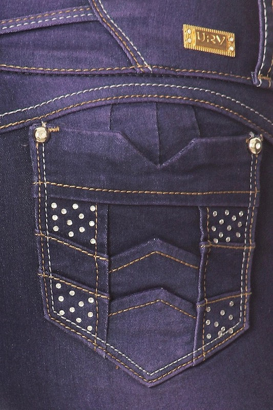 close up of Iris Mid Rise Jeans With Rhinestone Pockets in Purple