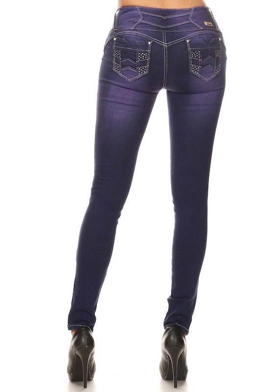Back of Iris Mid Rise Jeans With Rhinestone Pockets in Purple