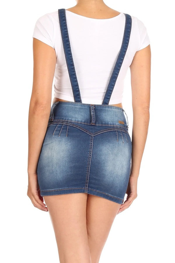 Denim Overall Skirt With V Neckline - Blue - Back View