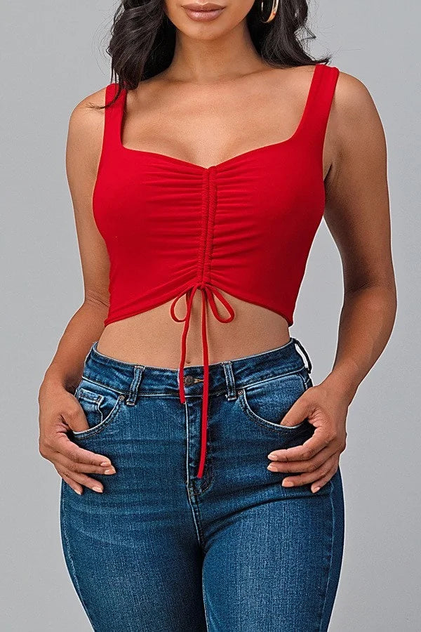 Sleeveless Crop Top With DrawString - Red