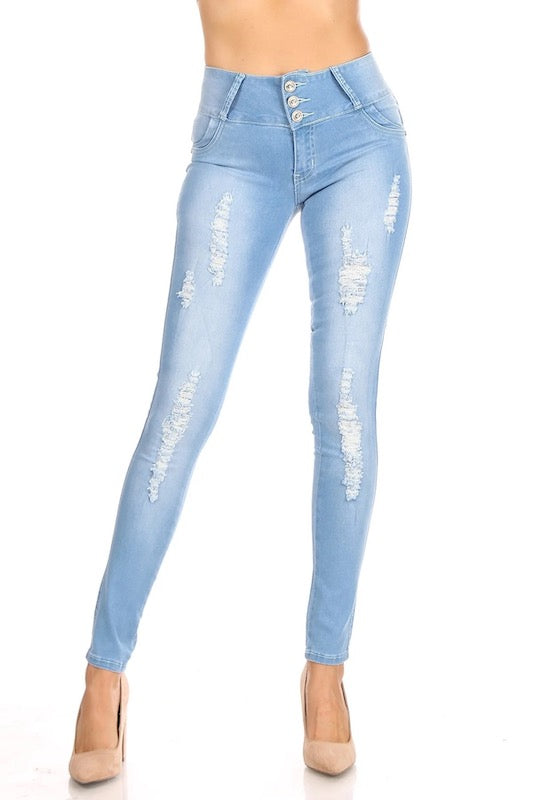 Celeste Distressed High Rise Jeans With Detailed Pockets in Light Blue
