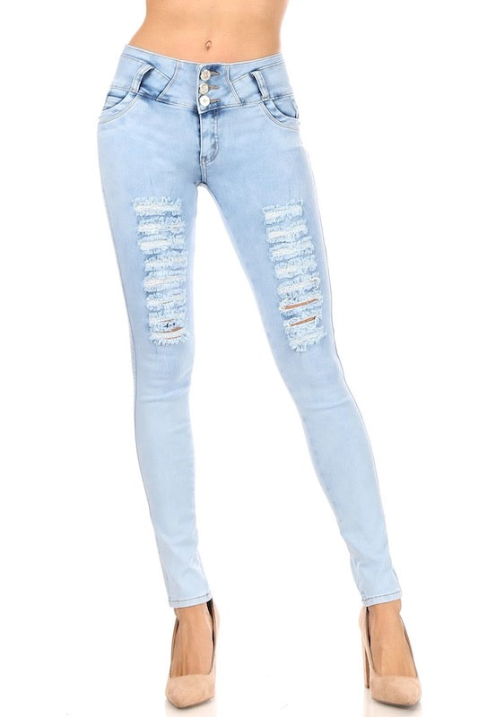 Amy Distressed High Waist Jeans W/ Woven Pockets in Light Blue