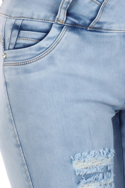 Close up of Amy Distressed High Waist Jeans W/ Woven Pockets in Light Blue