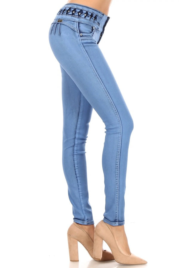 Side of Mid Rise Studded Jeans W/ No Pockets in Blue