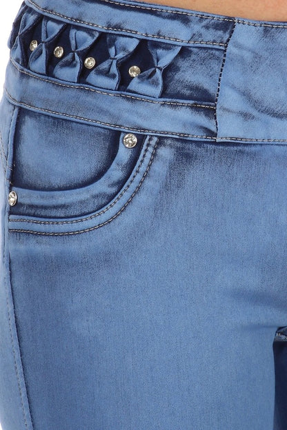 Close up of Mid Rise Studded Jeans W/ No Pockets in Blue