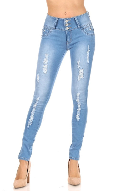 Skye Mid Rise Distressed Jeans W/ No Back Pockets in Light Blue