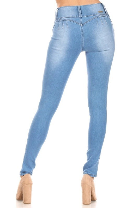 Back of Skye Mid Rise Distressed Jeans W/ No Back Pockets in Light Blue