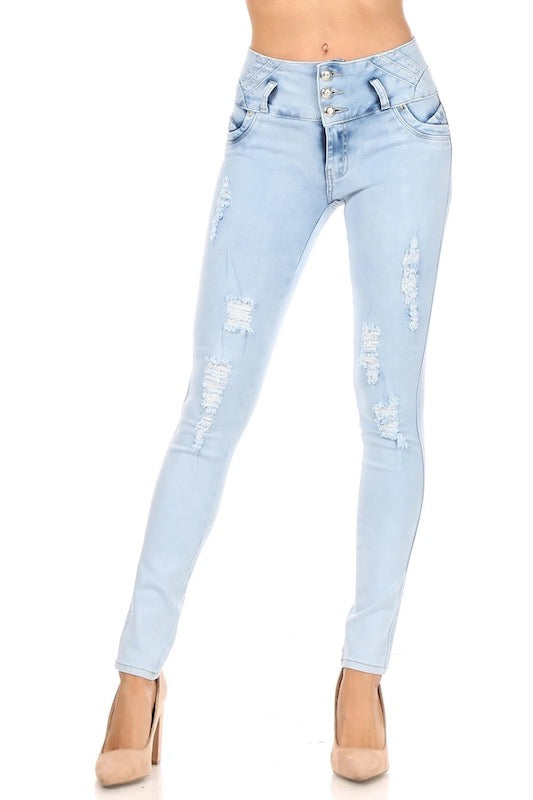 Studded High Waist Distressed Jeans W/ No Back Pockets in Light Blue
