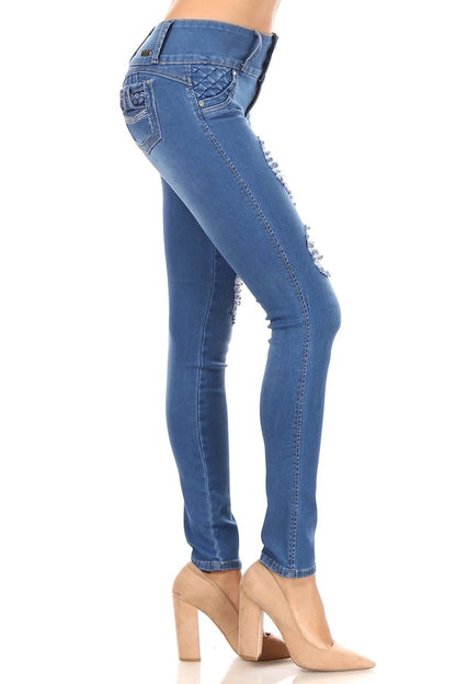 Side of Mid Rise Ripped Jeans W/ Embellished Pockets