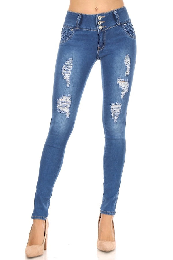 Mid Rise Ripped Jeans W/ Embellished Pockets in blue